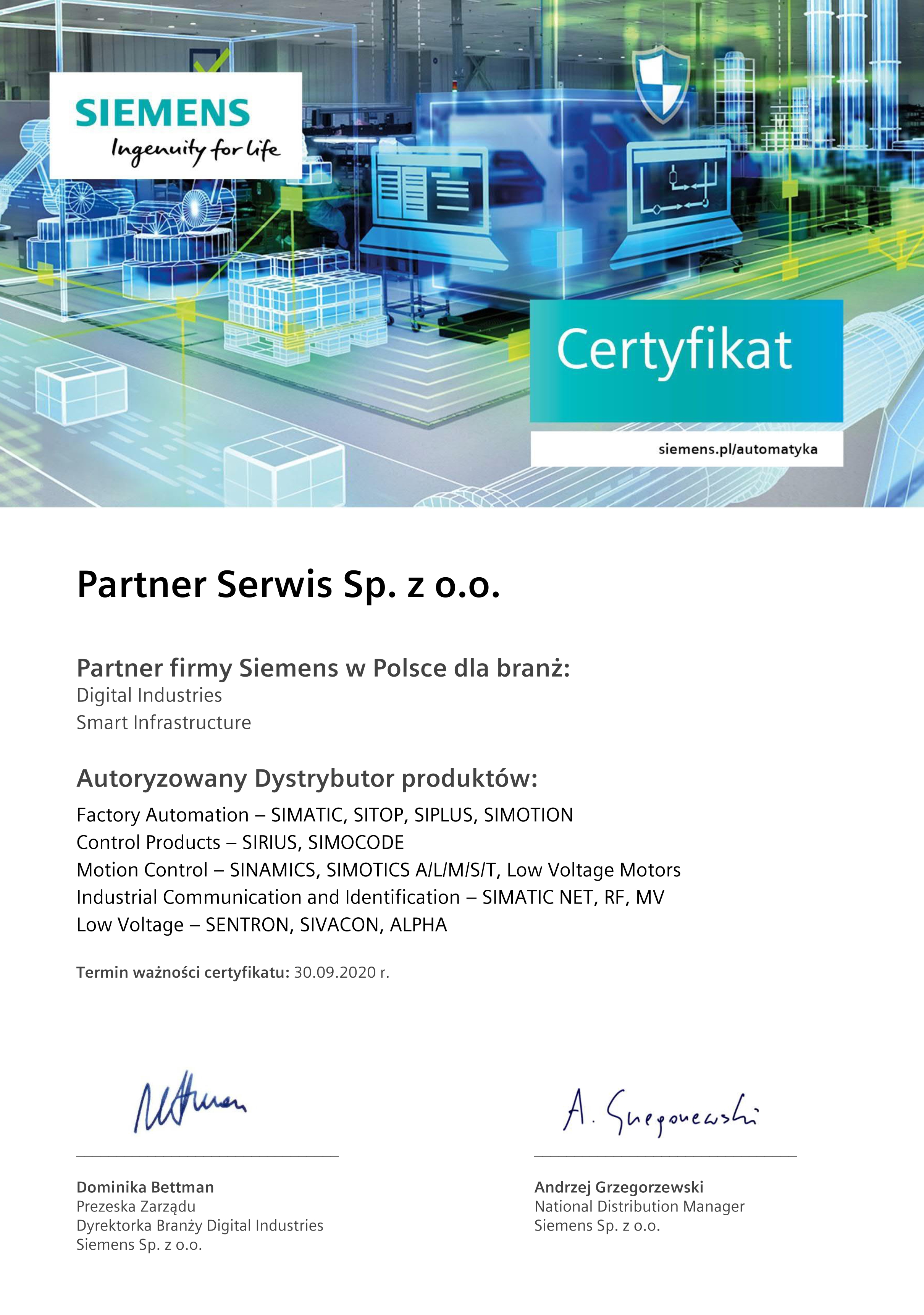 certyfikat-oficjalnego-dystrybutora-partnera-automatyki-SIEMENS-dla-Partner Serwis-2020